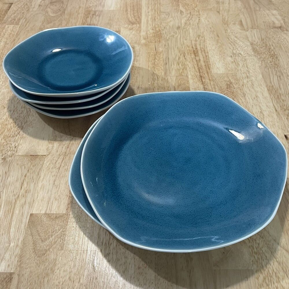 Crate & Barrel CB2 Organically Shaped Crackle Glaze Plate Set of 6 Salad Dinner